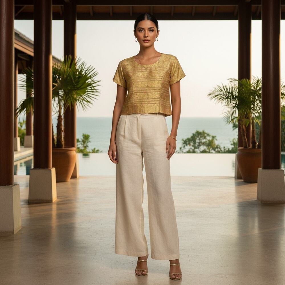 Vintage Thai Silk Top-Gold Brocade Blouse-Cropped Structured-Thailand-Shirt-Med